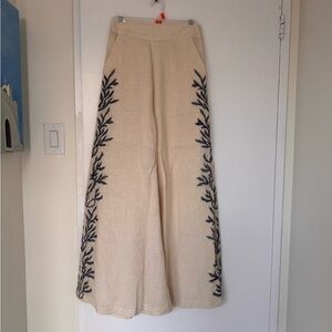 Carolina K Wide-Leg Cream Embroidered Linen Blend Pants
